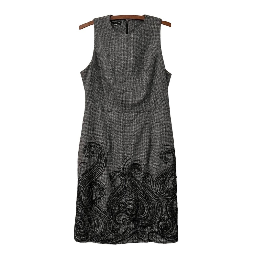 Andrew GN Paris Womens Gray Micro Checked Beaded Wool Sleeveless Sheath Dress L